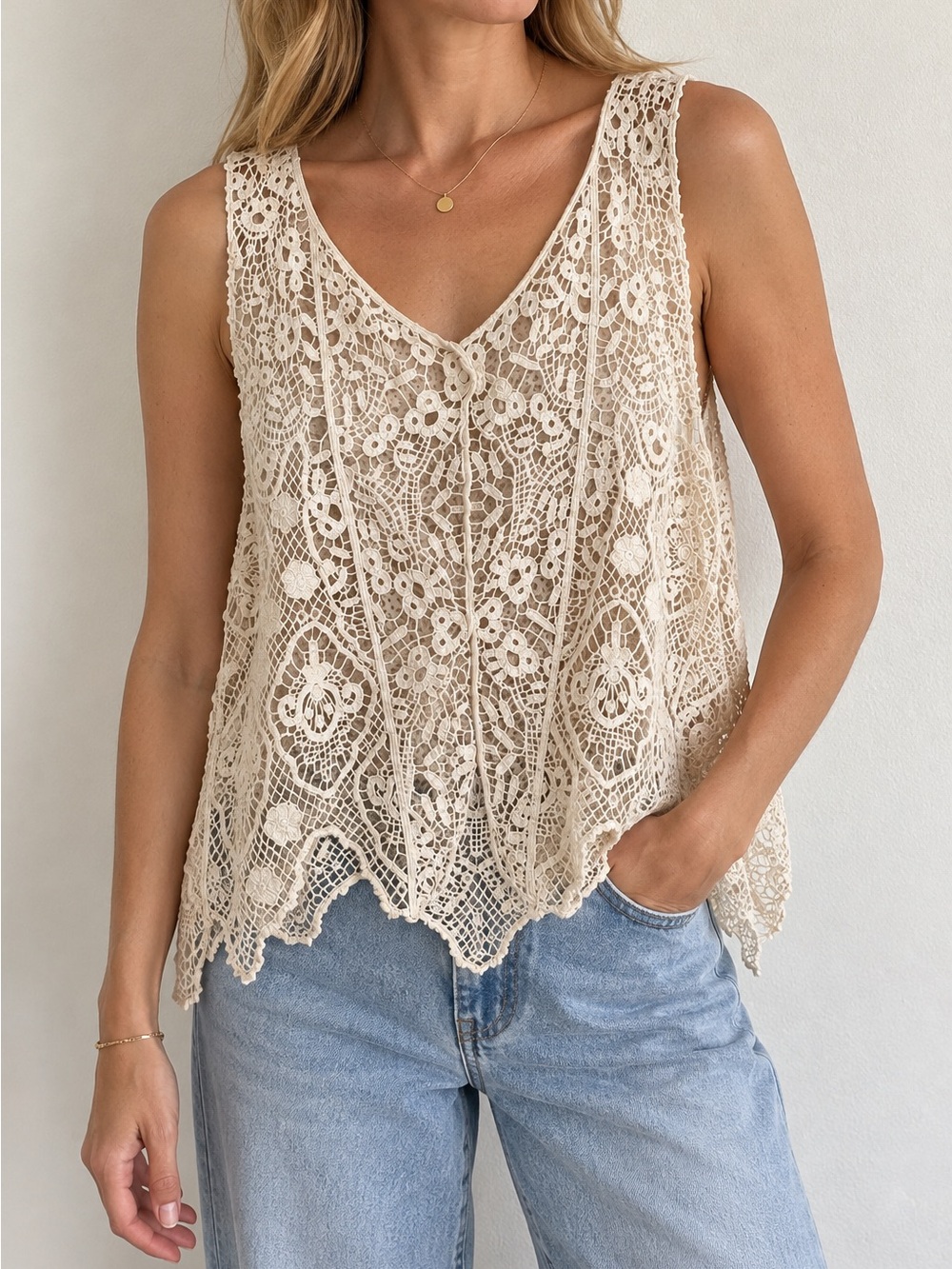 Altar’d State Cream Crochet Lace Sleeveless Top Women’s Boho Floral Open Knit Bl